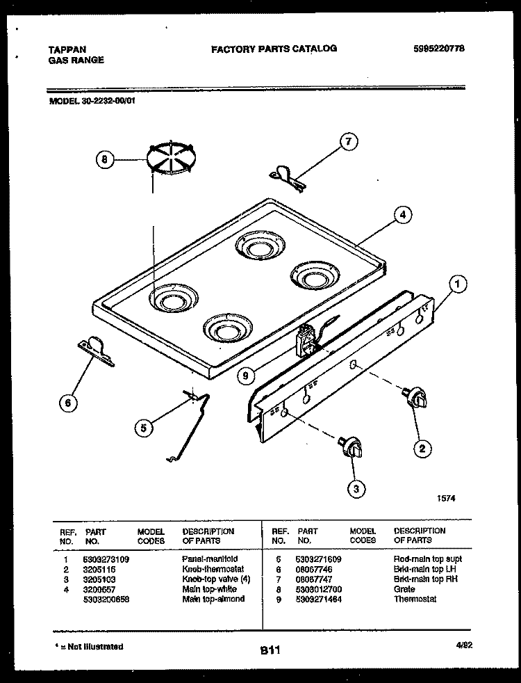COOKTOP PARTS Diagram and Parts List for 30-2232-00-01  Tappan Range