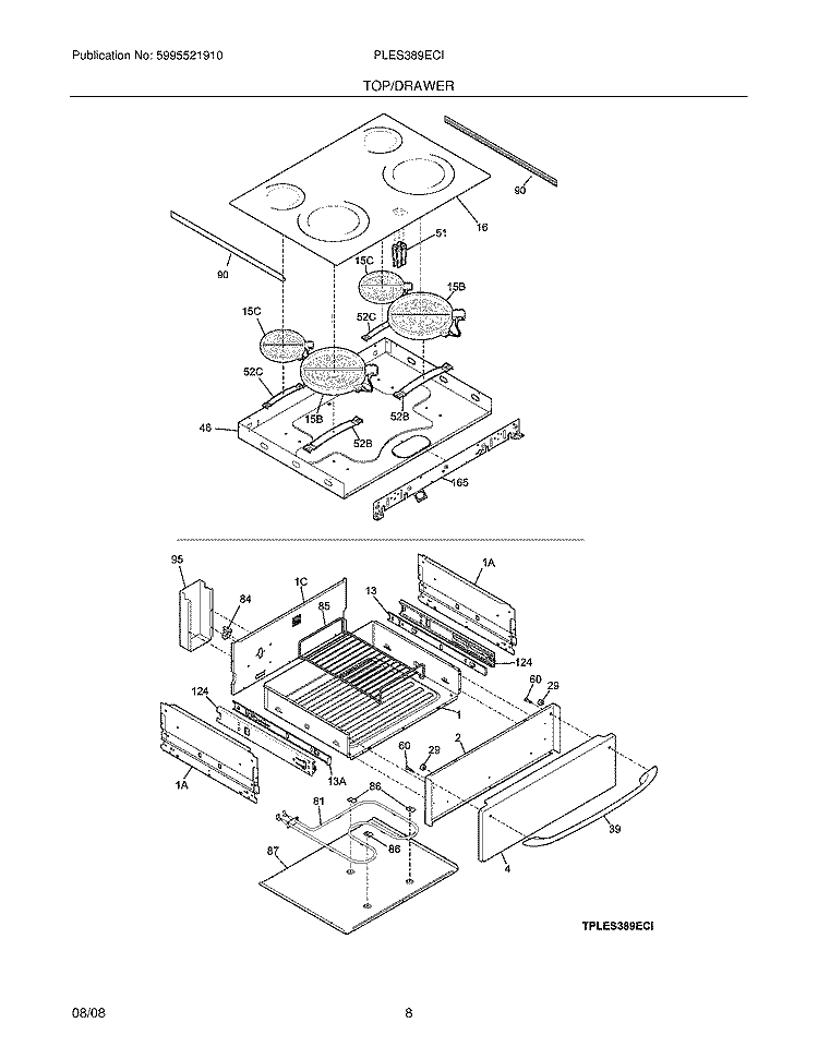 TOP/DRAWER Diagram and Parts List for PLES389ECI  Frigidaire Range