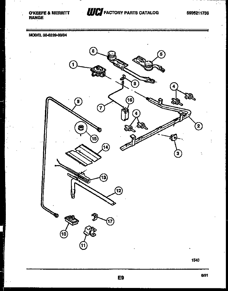 BURNER, MANIFOLD AND GAS CONTROL Diagram and Parts List for 30-6239-23-04  Tappan Range