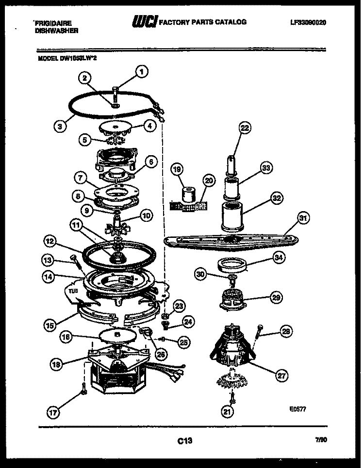 MOTOR PUMP PARTS Diagram and Parts List for DW1050LA2  Frigidaire Dishwasher