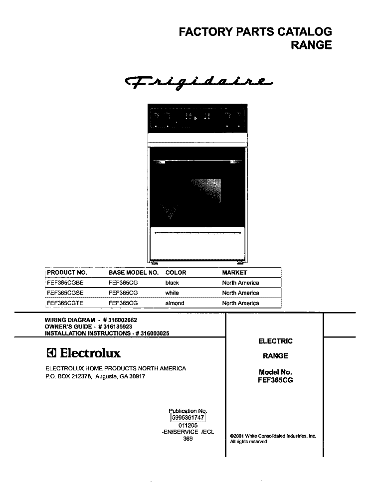 COVER Diagram and Parts List for FEF365CGSE  Frigidaire Range
