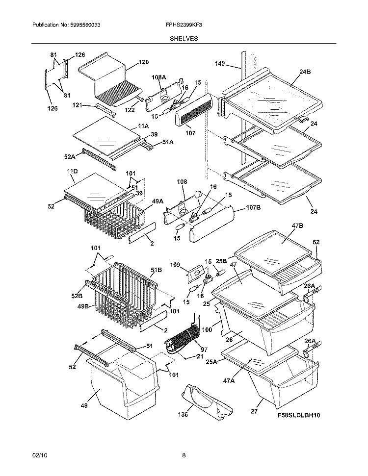 SHELVES Diagram and Parts List for FPHS2399KF3  Frigidaire Refrigerator