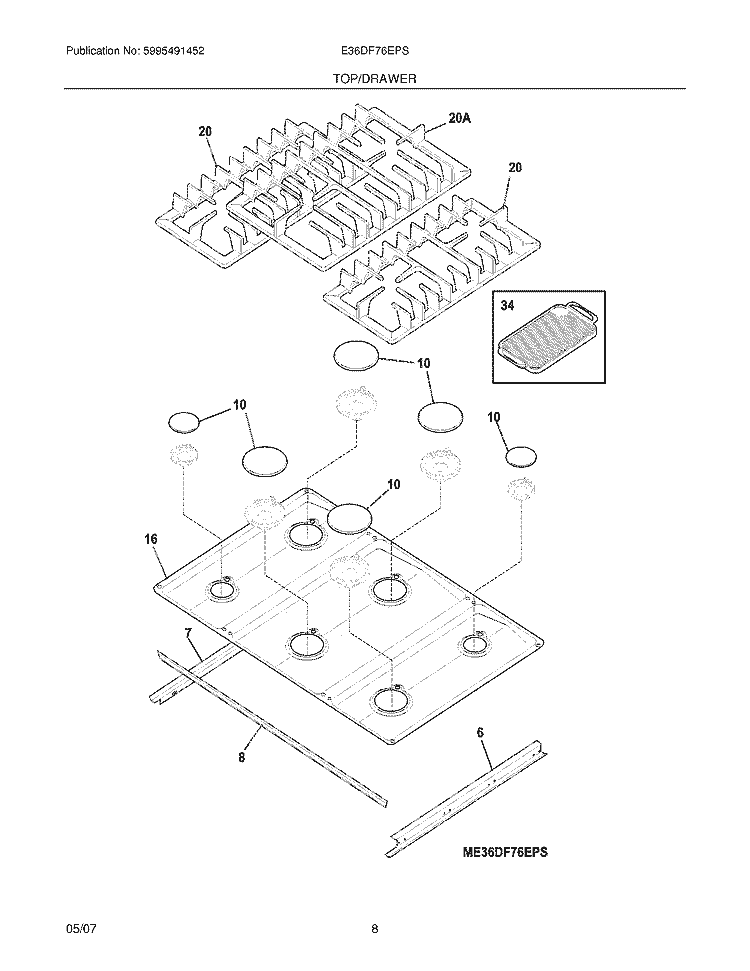 MAINTOP Diagram and Parts List for E36DF76EPS  Electrolux Cooktop