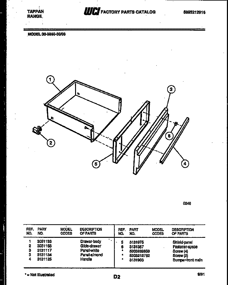 DRAWER PARTS Diagram and Parts List for 30-3860-23-03  Tappan Range