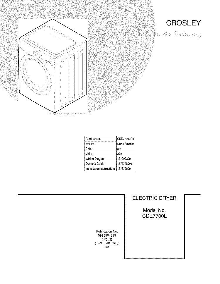 COVER Diagram and Parts List for CDE7700LR0  Crosley Dryer