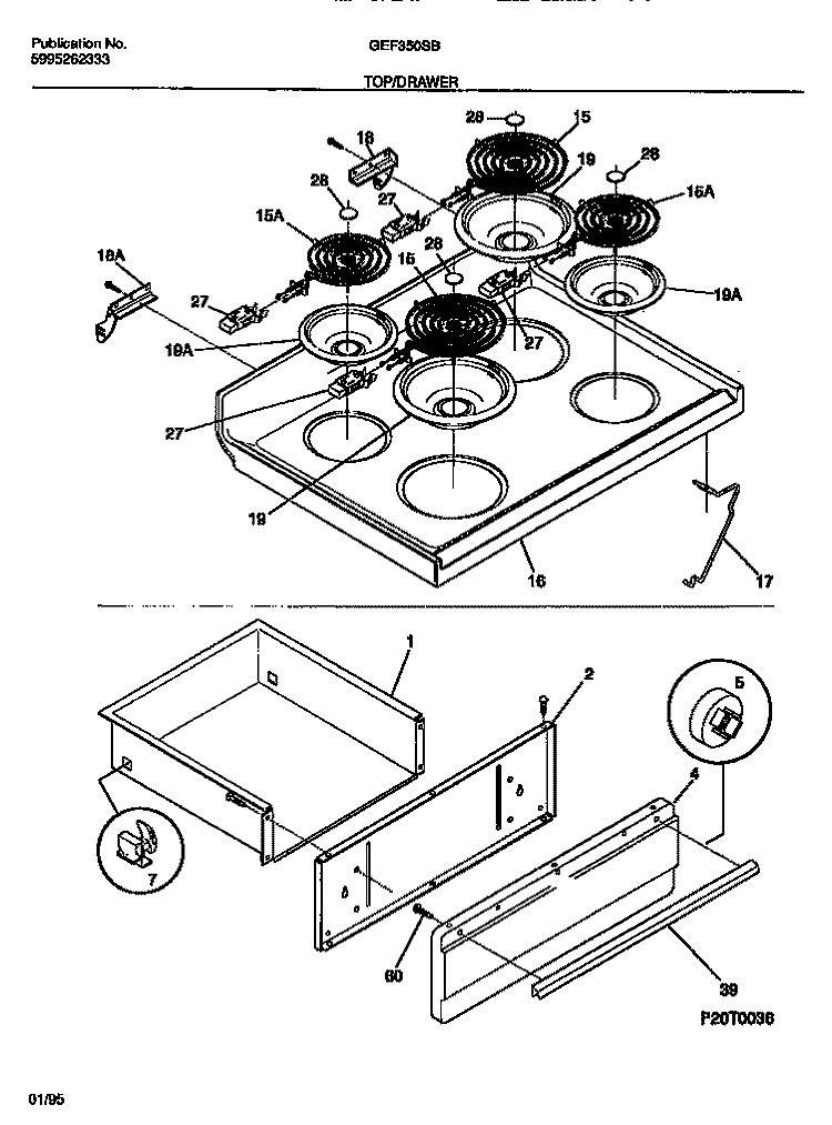 TOP / DRAWER Diagram and Parts List for GEF350SBWA  Gibson Range