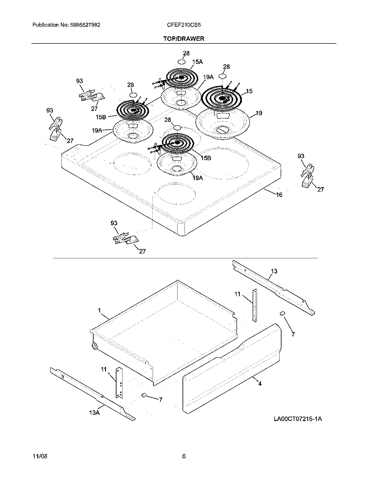 TOP/DRAWER Diagram and Parts List for CFEF210CS5  Frigidaire Range