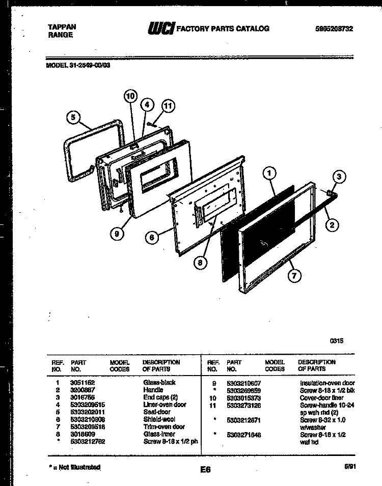 DOOR PARTS Diagram and Parts List for 31-2549-23-03  Tappan Range