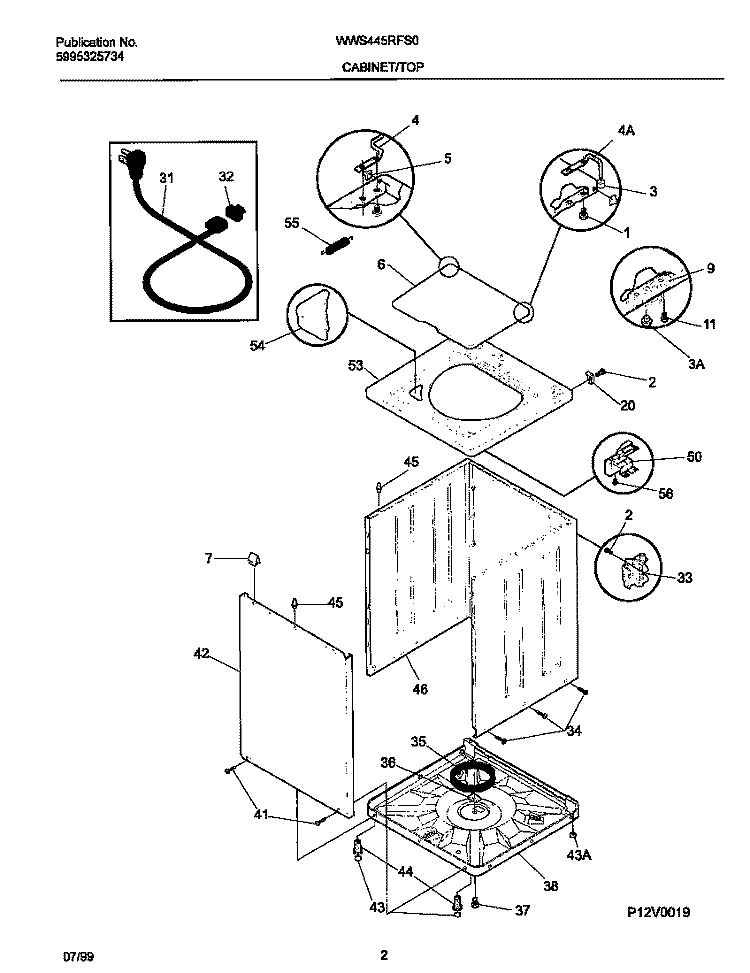 P12V0019 WSHR CAB, TOP Diagram and Parts List for WWS445RFS0  Frigidaire Washer
