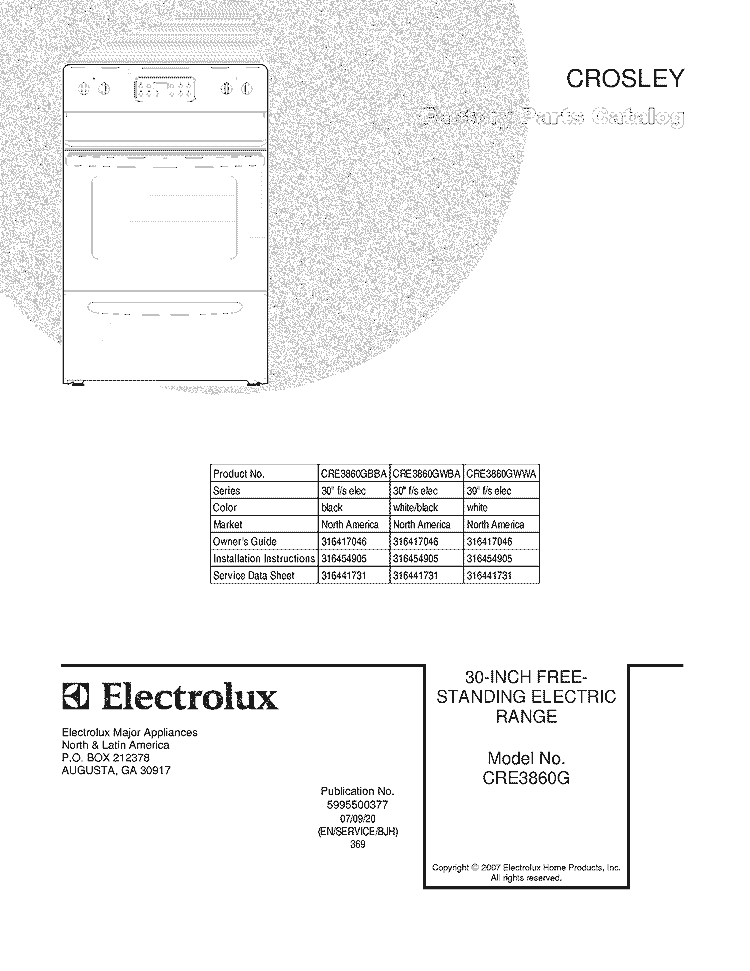 COVER Diagram and Parts List for CRE3860GWBA  Crosley Range