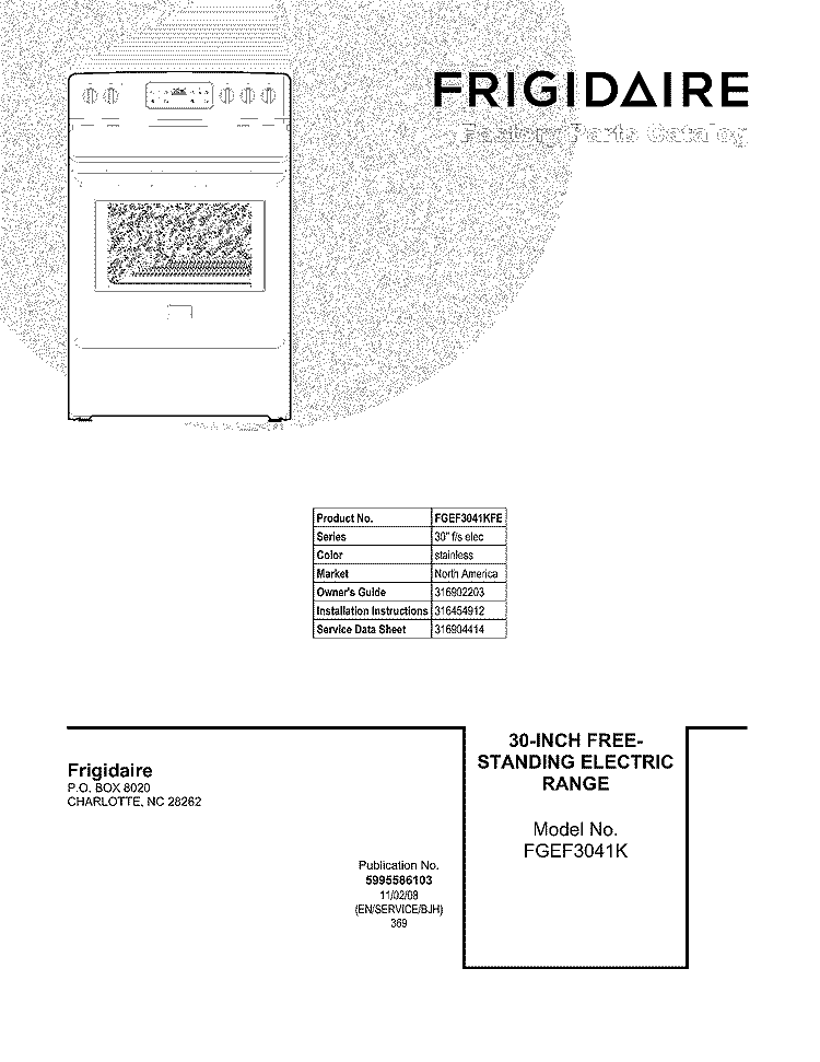 COVER Diagram and Parts List for FGEF3041KFE  Frigidaire Range