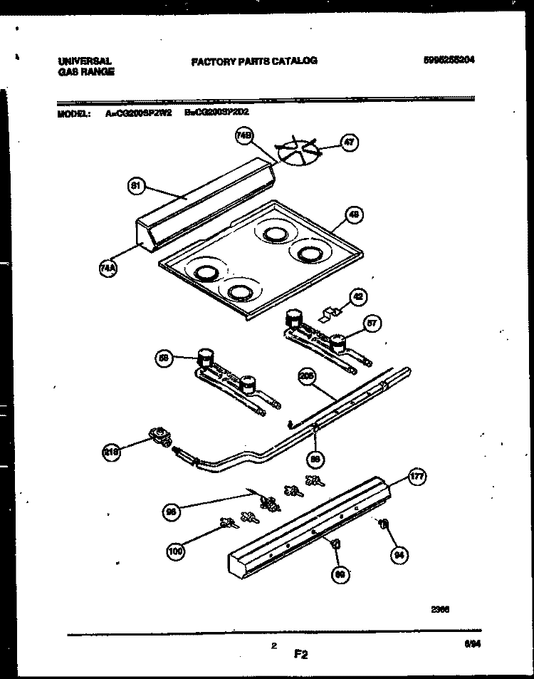 BACKGUARD, COOKTOP AND BURNER PARTS Diagram and Parts List for CG200SP2W2  Frigidaire Range