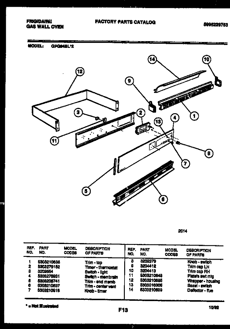 CONTROL PANEL Diagram and Parts List for GPG94BL2  Frigidaire Wall Oven
