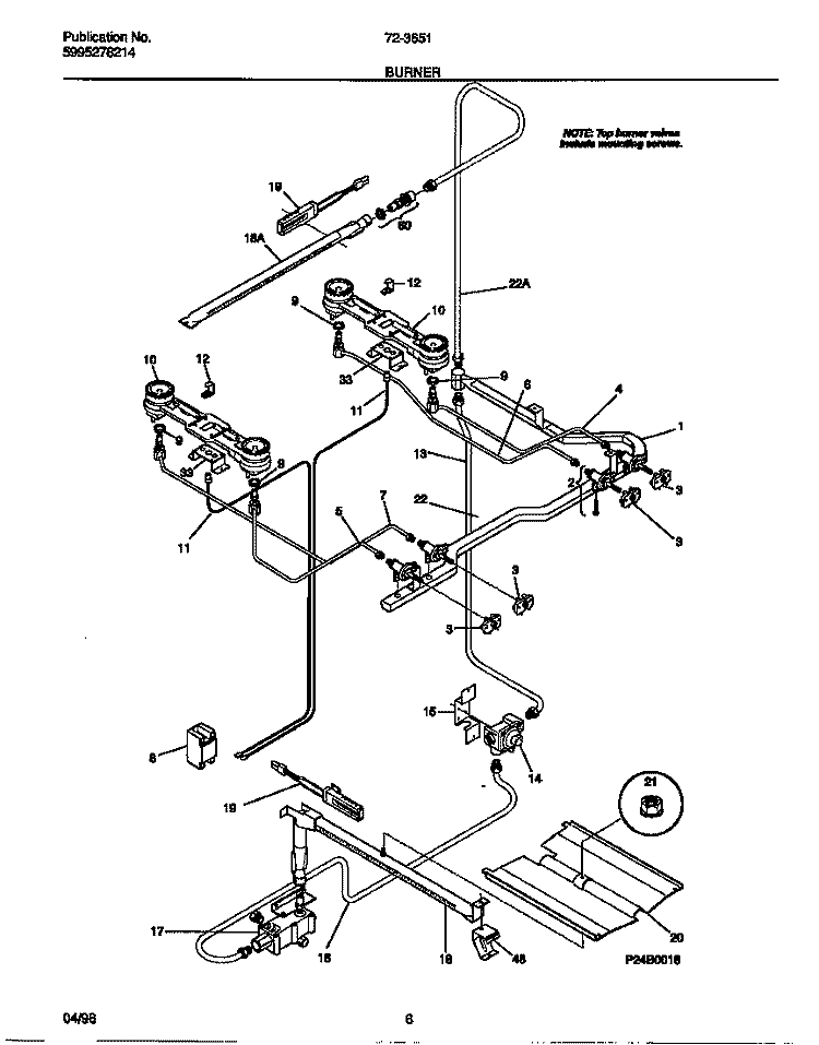 BURNER Diagram and Parts List for 72-3651-00-08  Tappan Range