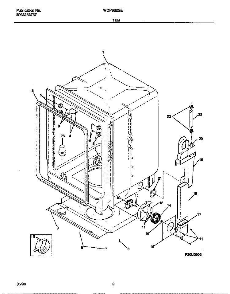TUB Diagram and Parts List for WDP632GER0  Frigidaire Dishwasher