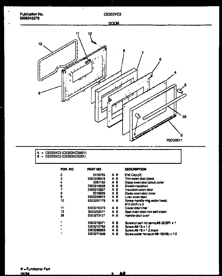 DOOR PARTS Diagram and Parts List for CE303VC3W1  Frigidaire Range