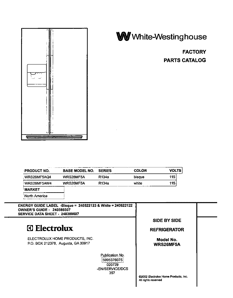 COVER Diagram and Parts List for WRS26MF5AQ4  Westinghouse Refrigerator