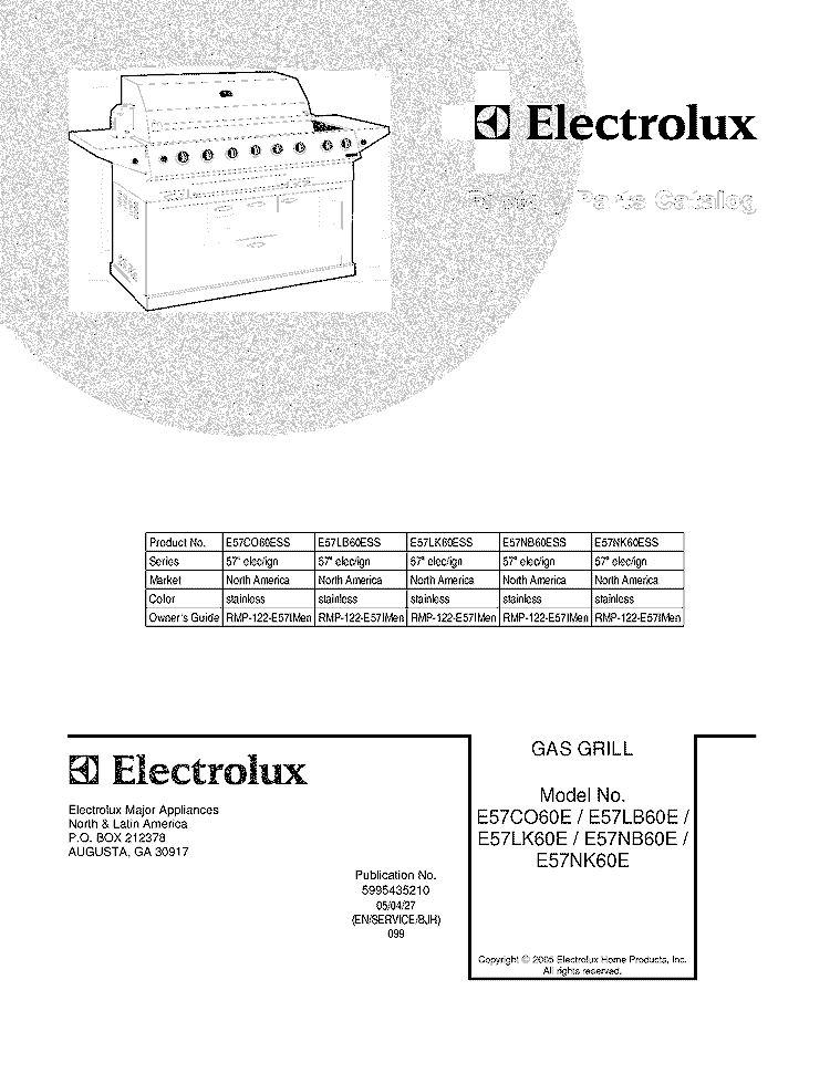 COVER Diagram and Parts List for E57NK60ESS  Electrolux Grill