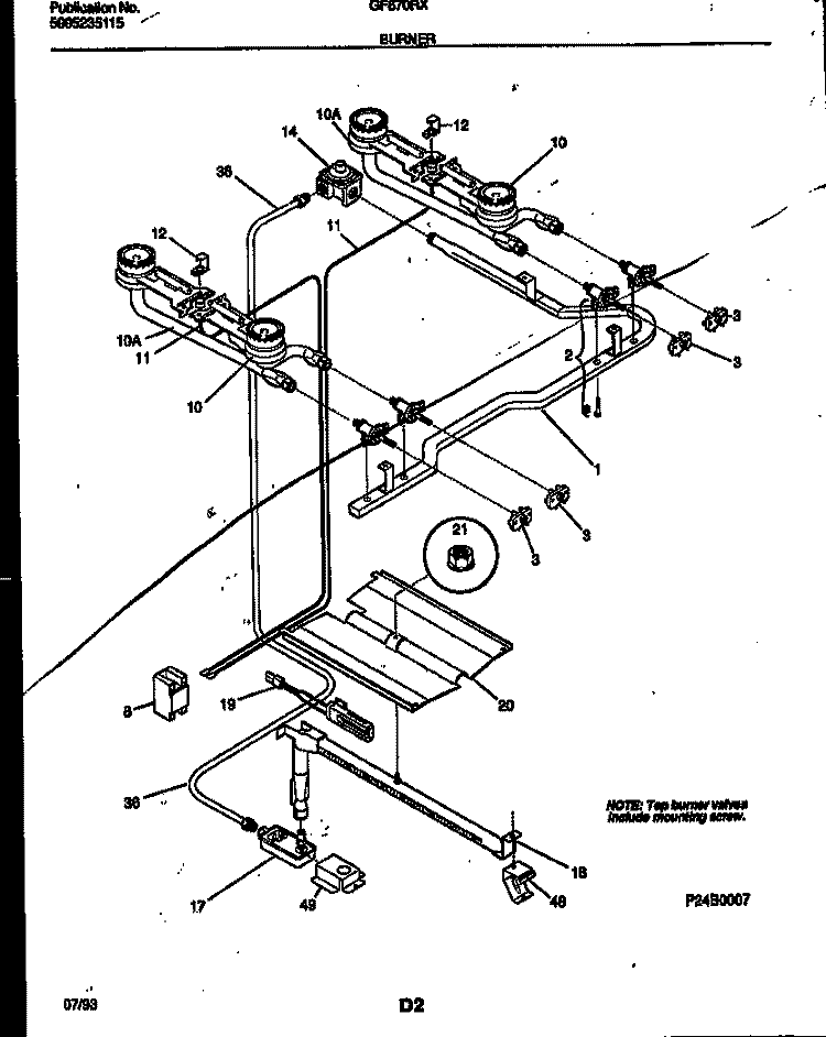 BURNER, MANIFOLD AND GAS CONTROL Diagram and Parts List for GF670RXW3  Frigidaire Range