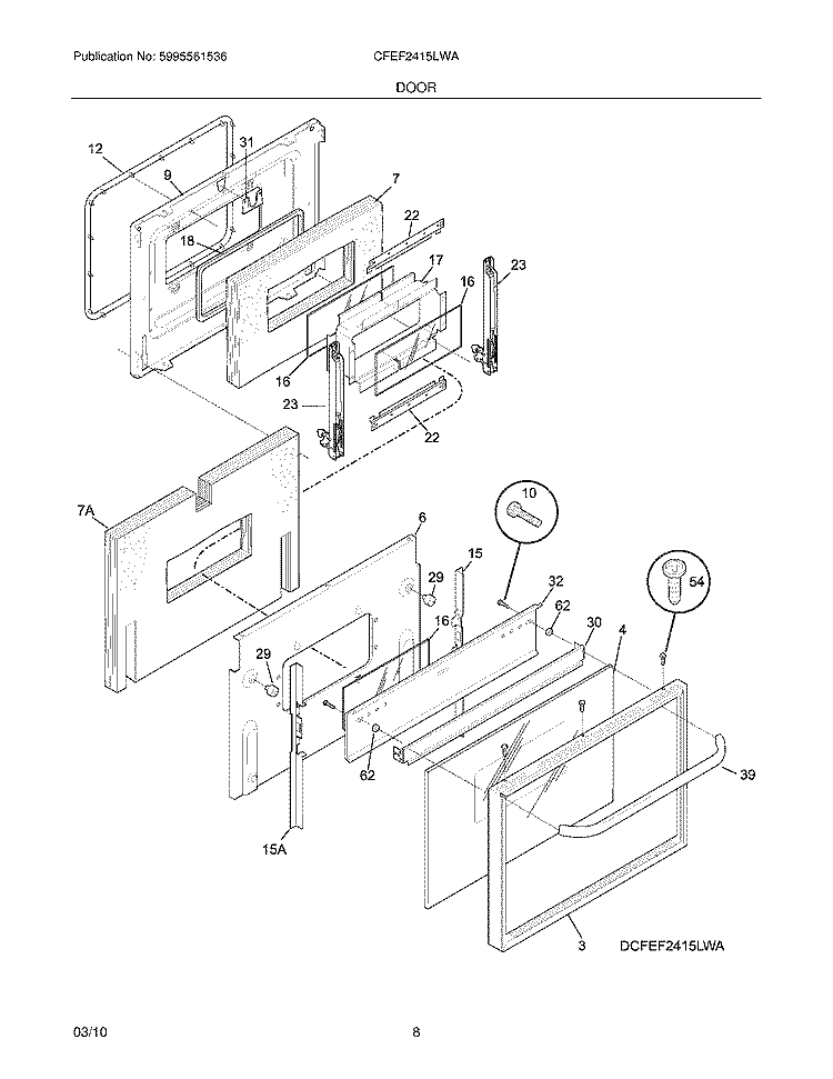 DOOR Diagram and Parts List for CFEF2415LWA  Frigidaire Range