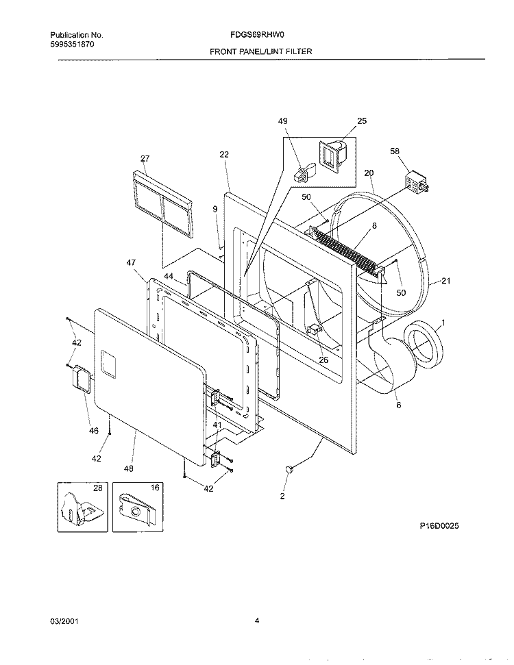 FRNT PNL, DOOR Diagram and Parts List for FDGS69RHW0  Frigidaire Dryer