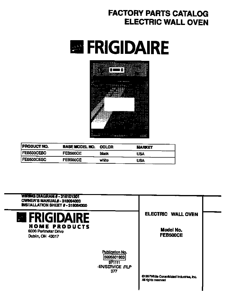 COVER Diagram and Parts List for FEB500CEBC  Frigidaire Wall Oven