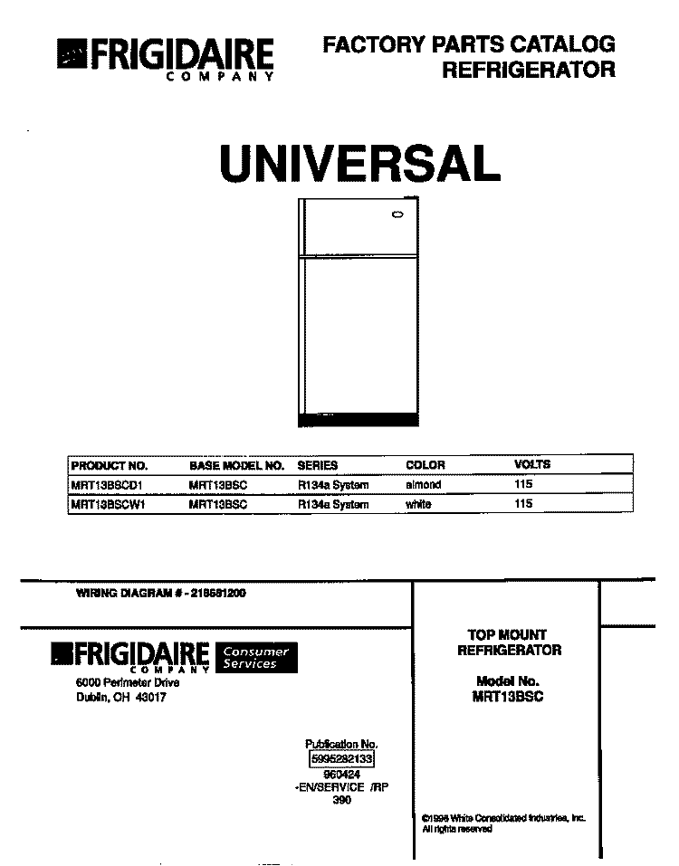 COVER Diagram and Parts List for MRT13BSCD1  Frigidaire Refrigerator