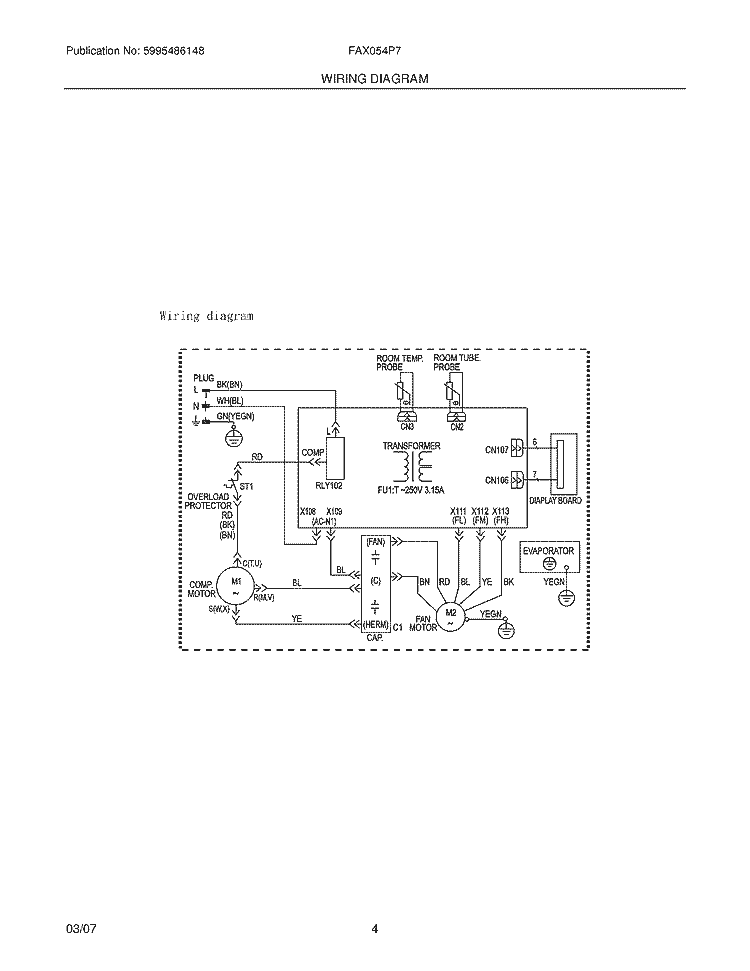 WIRING DIAGRAM Diagram and Parts List for FAX054P7AENG3  Frigidaire Air Conditioner