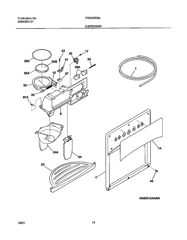 DISPENSER Diagram and Parts List for FRS23W3AW2  Frigidaire Refrigerator