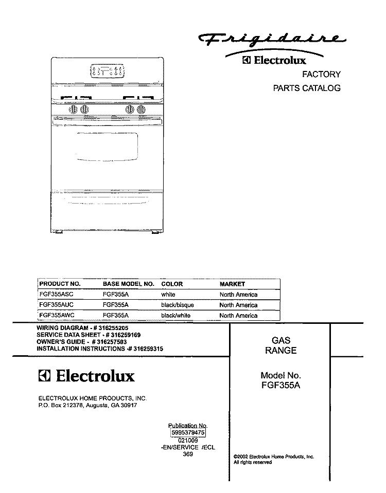 COVER Diagram and Parts List for FGF355ASC  Frigidaire Range