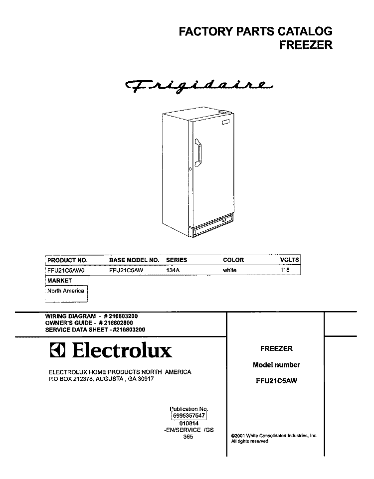 COVER Diagram and Parts List for FFU21C5AW0  Frigidaire Freezer