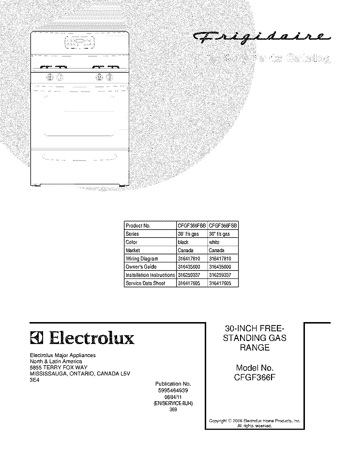 COVER Diagram and Parts List for CFGF366FBB  Frigidaire Range