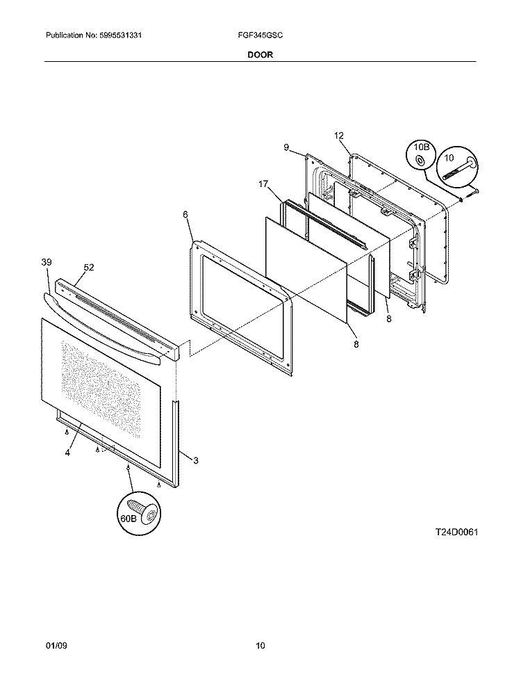 DOOR Diagram and Parts List for FGF345GSC  Frigidaire Range
