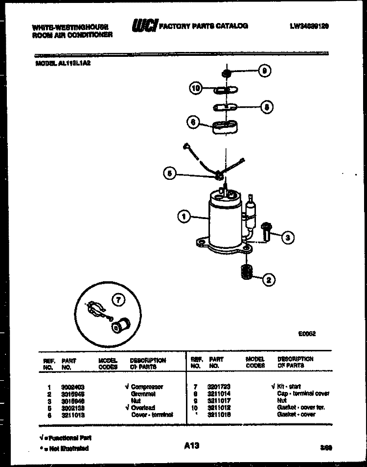 COMPRESSOR PARTS Diagram and Parts List for AL113L1A2  Frigidaire Air Conditioner