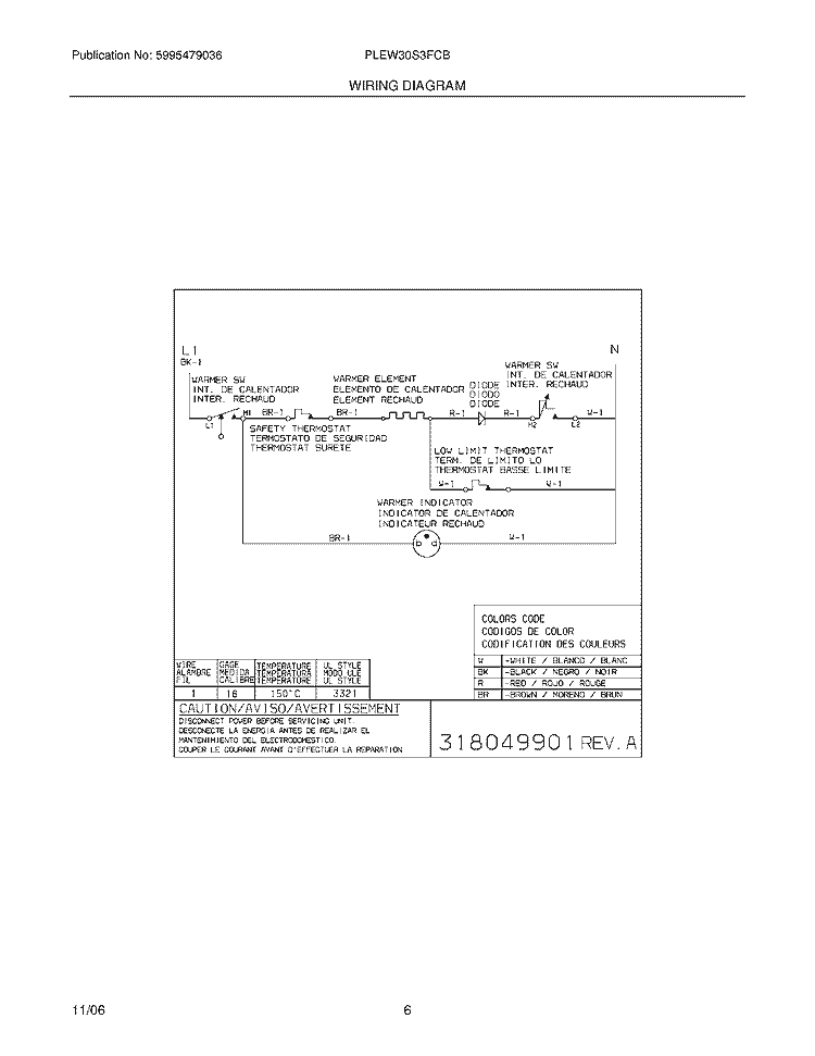 WIRING DIAGRAM Diagram and Parts List for PLEW30S3FCB  Frigidaire Warming Drawer