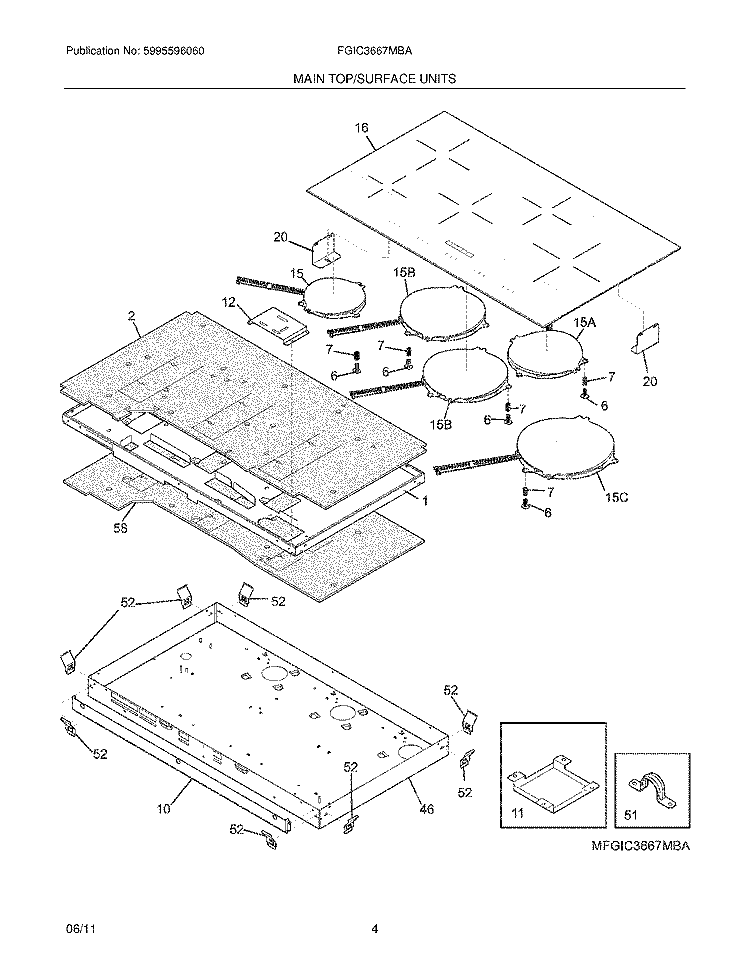 MAINTOP/SURFACE UNITS Diagram and Parts List for FGIC3667MBA  Frigidaire Cooktop