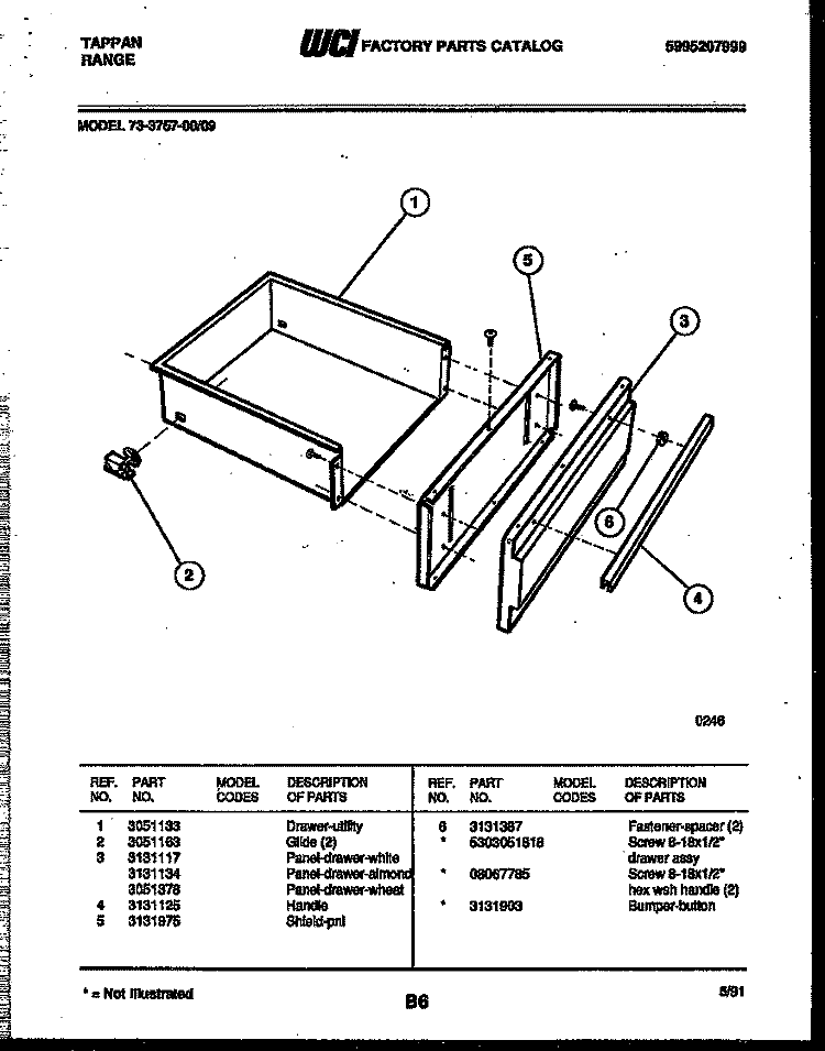 DRAWER PARTS Diagram and Parts List for 73-3757-00-09  Tappan Range
