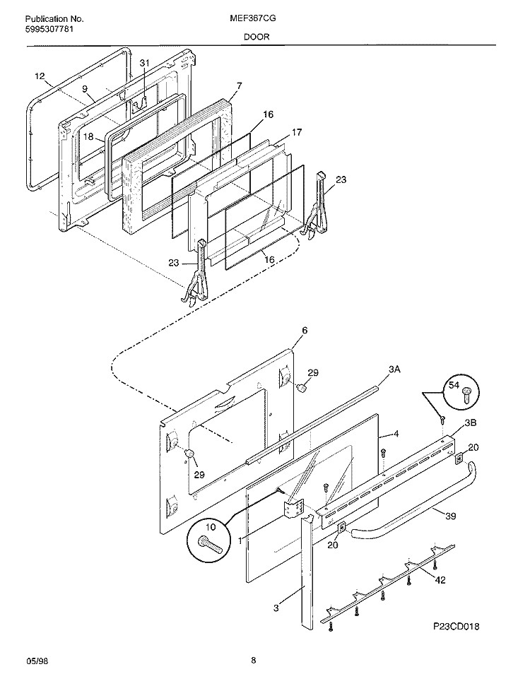 DOOR Diagram and Parts List for MEF367CGB1  Frigidaire Wall Oven