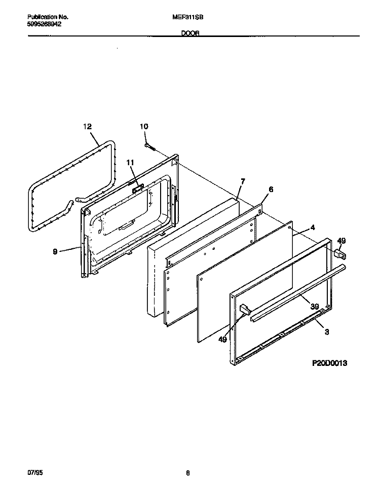 DOOR Diagram and Parts List for MEF311SBWB  Frigidaire Range