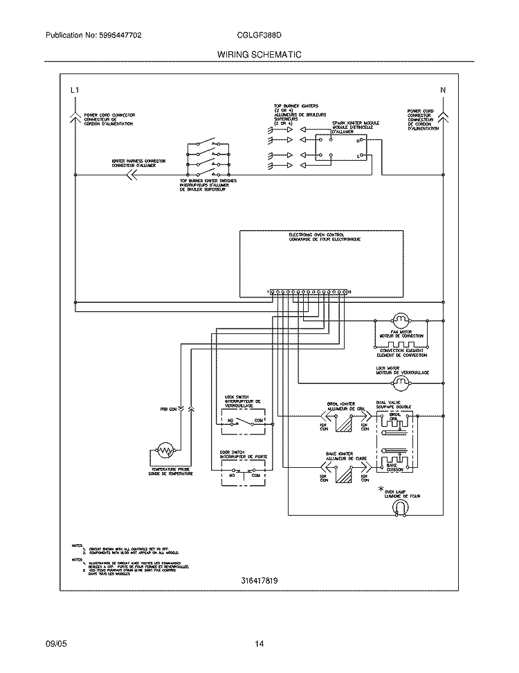 WIRING SCHEMATIC Diagram and Parts List for CGLGF388DBE  Frigidaire Range