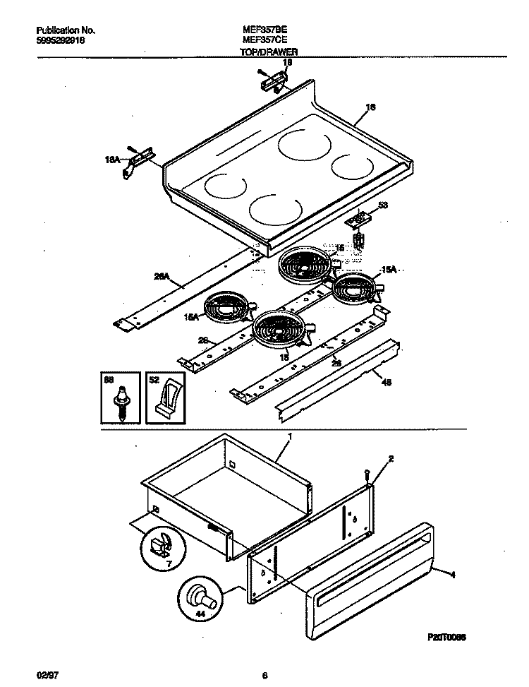 TOP / DRAWER Diagram and Parts List for MEF357BEDD  Frigidaire Range