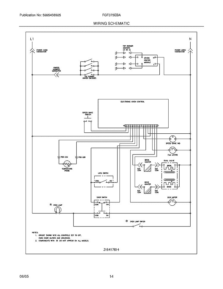 WIRING SCHEMATIC Diagram and Parts List for FGF375EBA  Frigidaire Range
