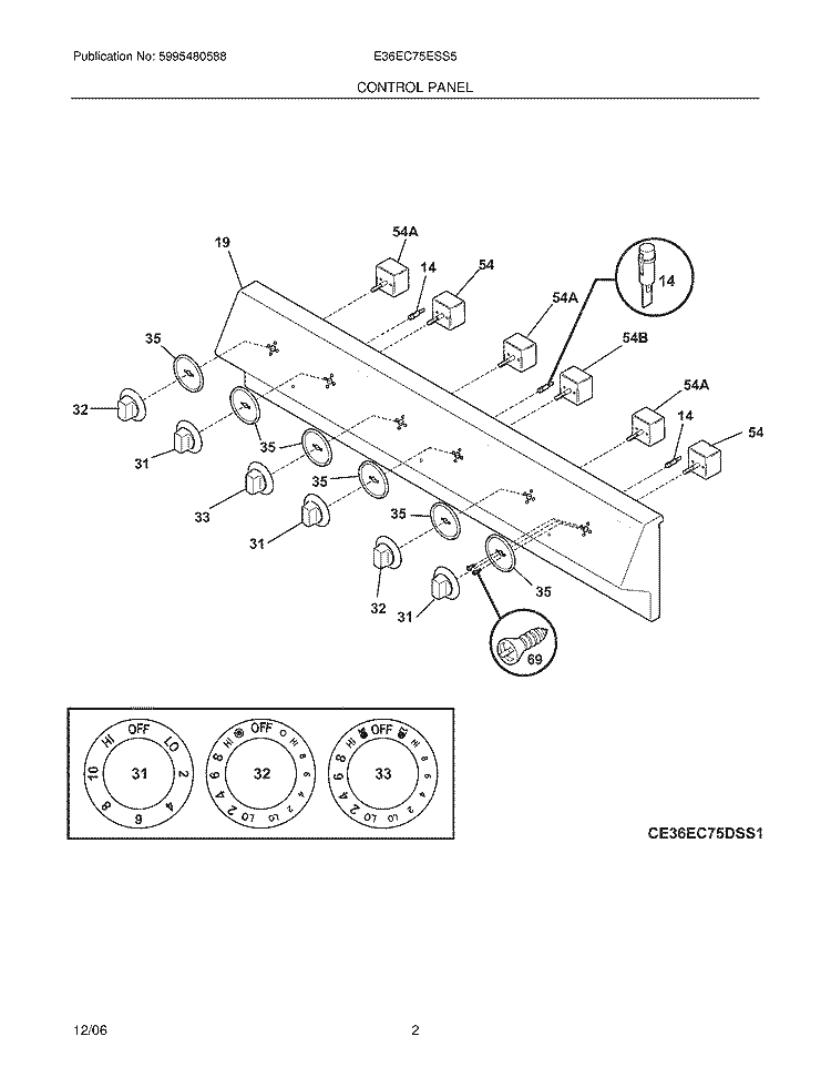 CONTROLS Diagram and Parts List for E36EC75ESS5  Electrolux Cooktop