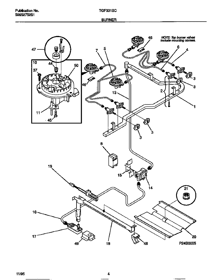 BURNER Diagram and Parts List for TGF331SCWB  Tappan Range