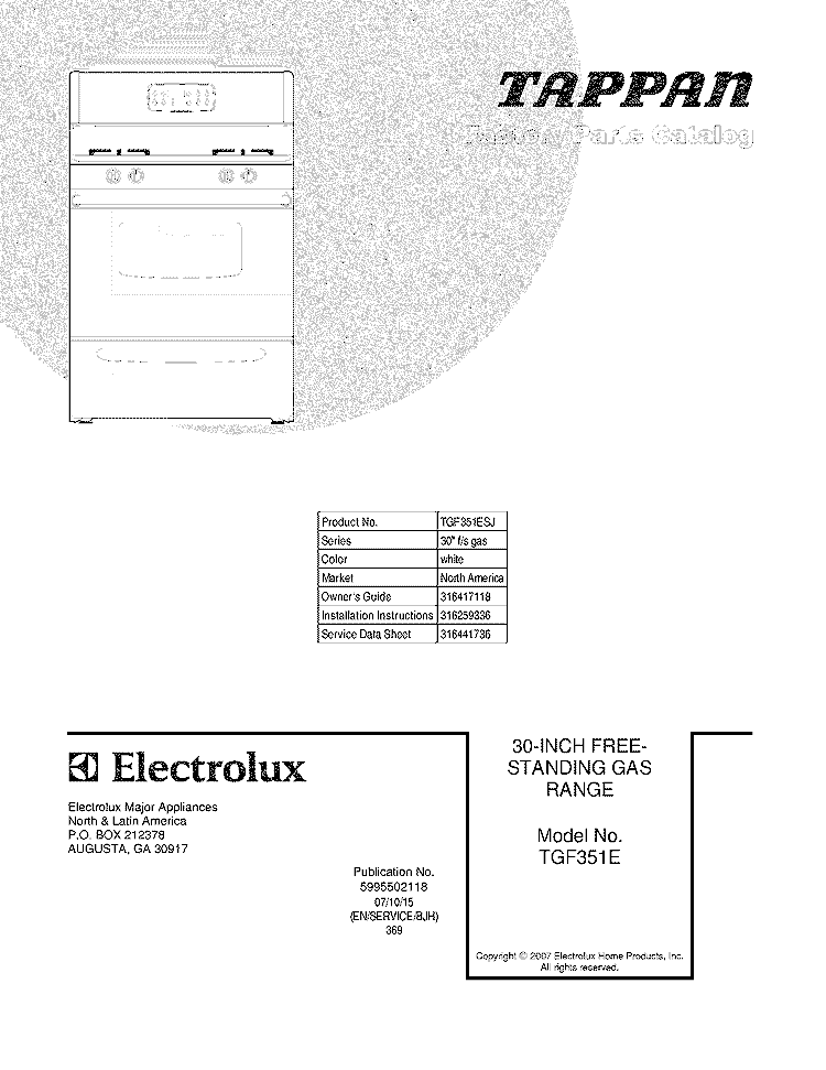 COVER Diagram and Parts List for TGF351ESJ  Tappan Range