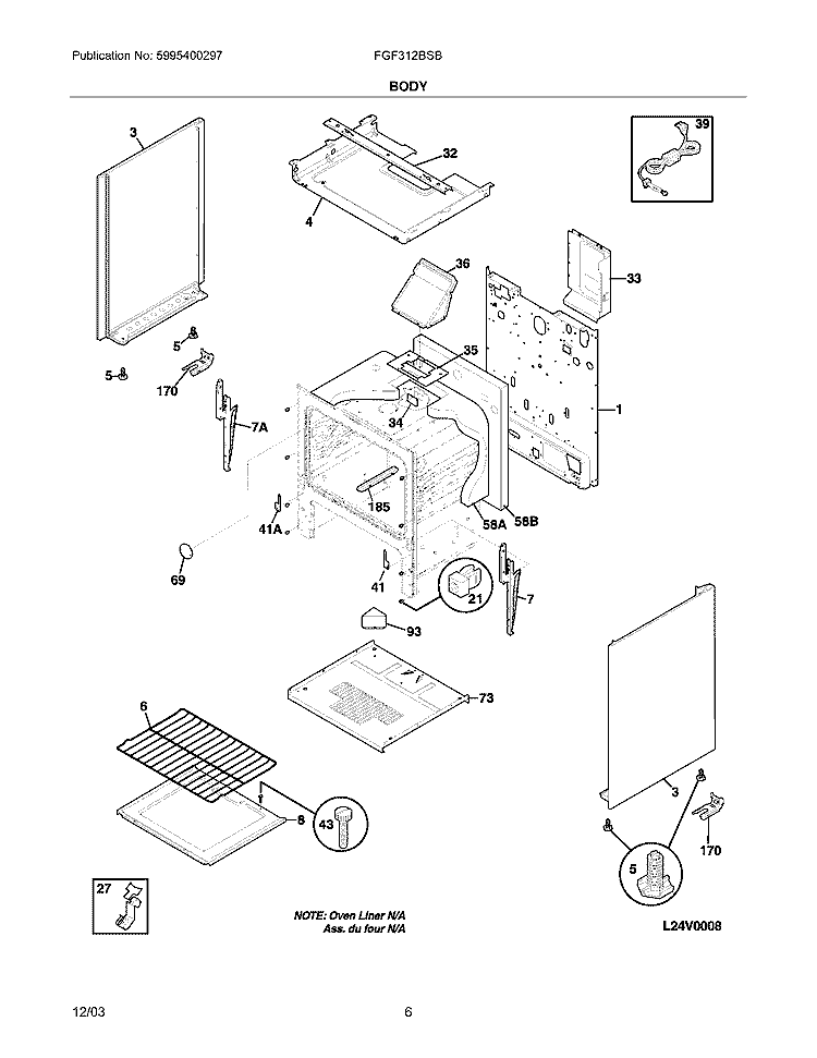 BODY Diagram and Parts List for FGF312BSB  Frigidaire Range