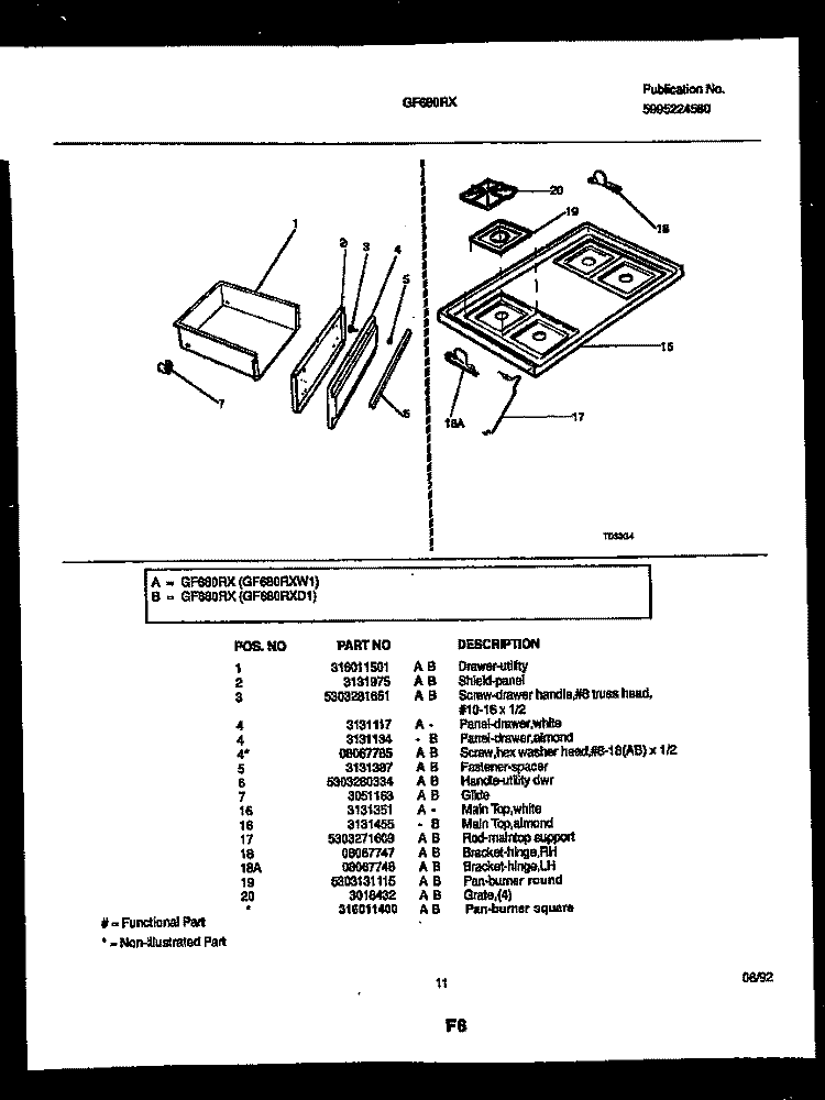 DRAWER AND COOKTOP PARTS Diagram and Parts List for GF680RXD1  Frigidaire Range