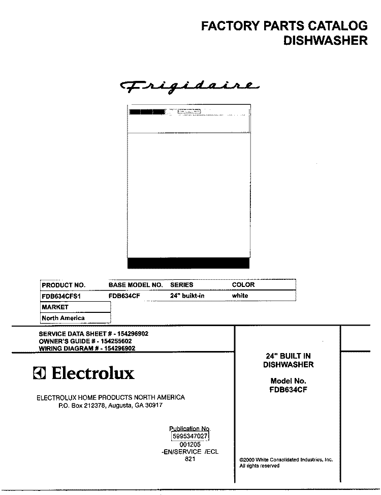 COVER Diagram and Parts List for FDB634CFS1  Frigidaire Dishwasher
