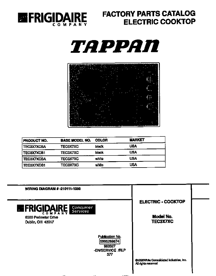 COVER Diagram and Parts List for TEC3X7XCBA  Tappan Cooktop