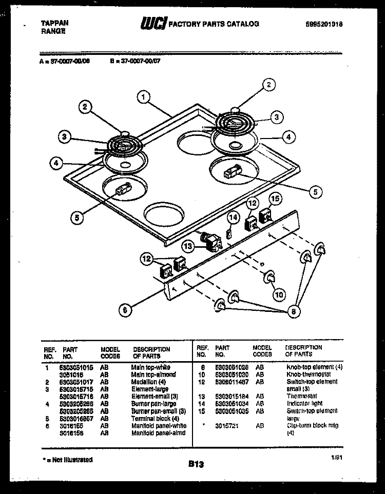 COOKTOP PARTS Diagram and Parts List for 37-0007-00-06  Tappan Range